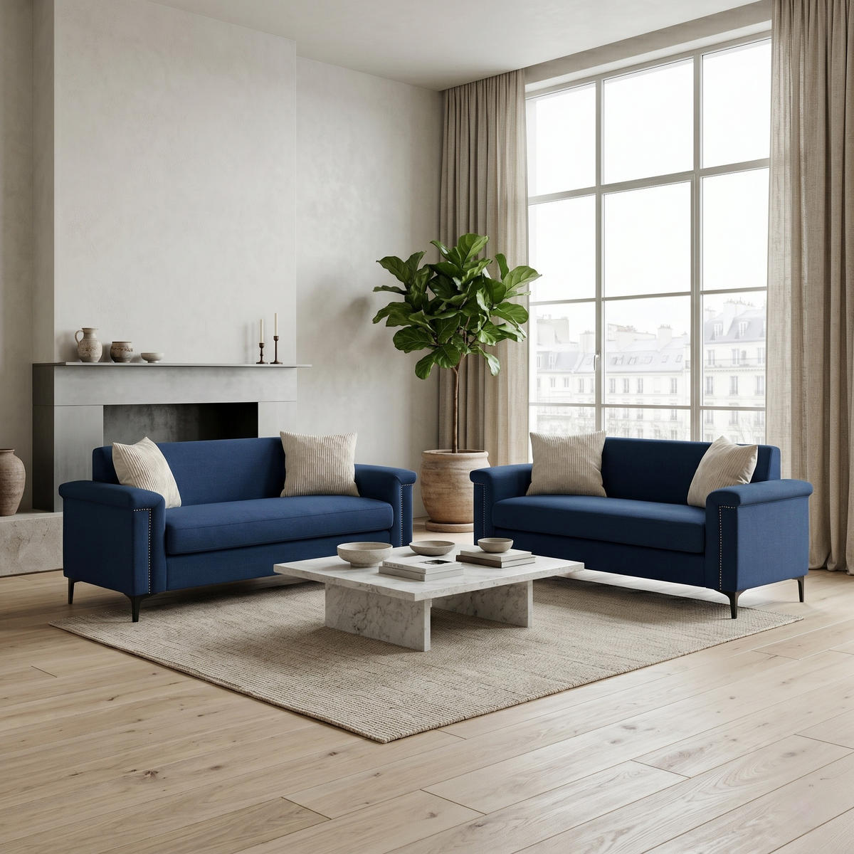 SITZGARNITUR DE-35070 mit Leinenbezug Dunkelgrau - Blau, Holzwerkstoff (73.5/81.5/172cm) - ComfortXL