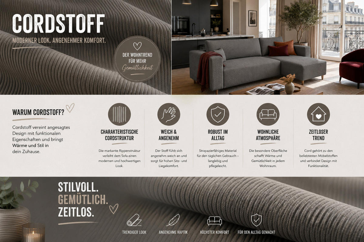 ECKSOFA mit Schlaffunktion und Bettkasten Rio, Ecksofa Cordstoff Dunkelgrau, Ottomane Universal, 249x142 cm - Dunkelgrau, Textil (249/142cm) - Marpur