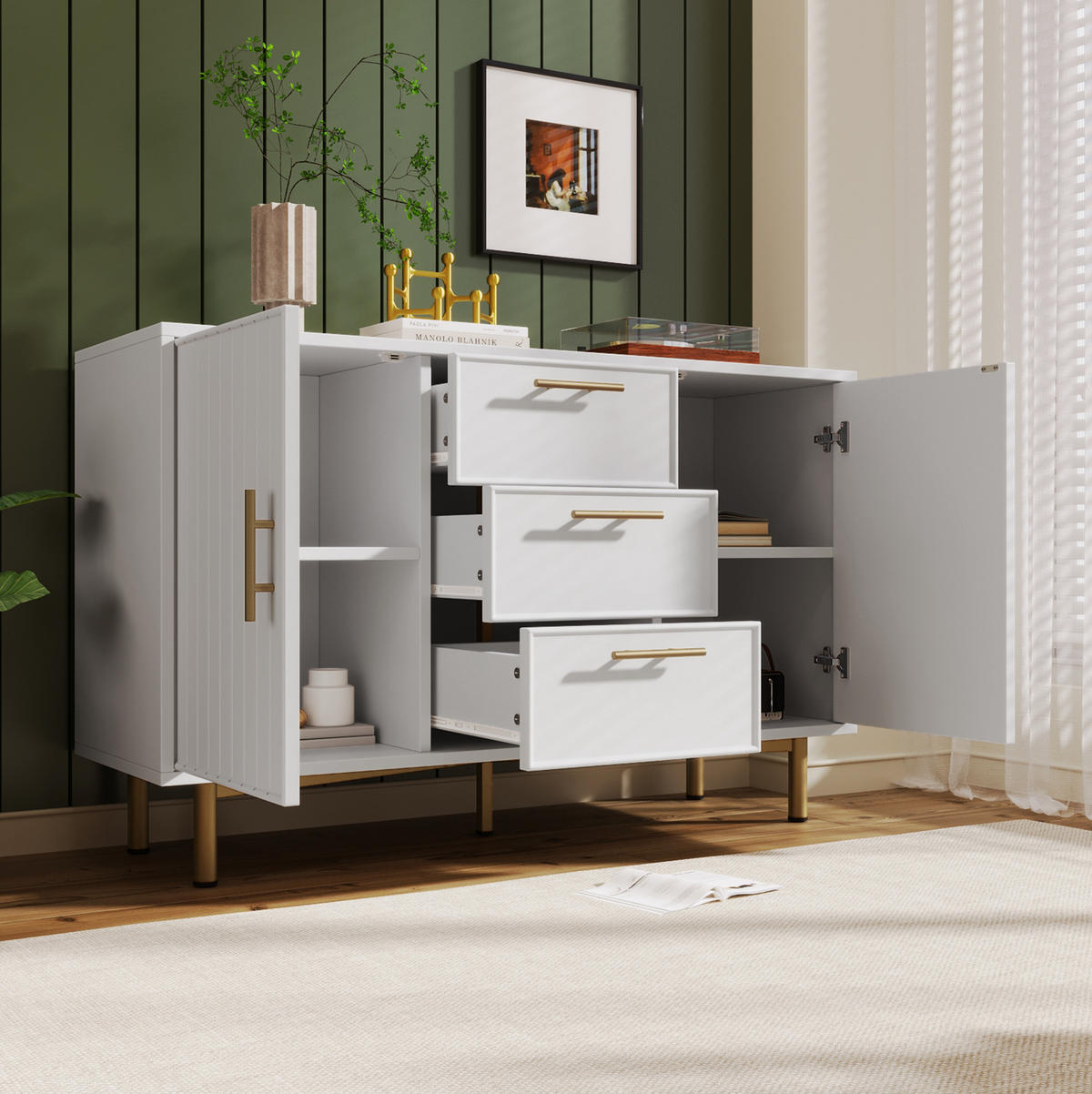 KOMMODE 120/40/75 cm mit 2 Türen, 3 Schubladen, verstellbaren Einlegeböden und Metallfuß, Weiß - Weiß, Holzwerkstoff (120/40/75cm) - Redom