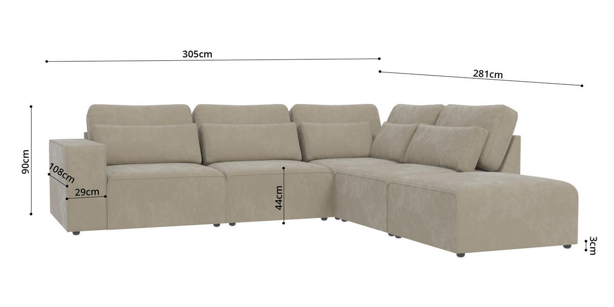 ECKSOFA modularer Leox Beige Samt-Stoff - Beige/Schwarz, Kunststoff/Textil (305/281cm) - S-Style Möbel