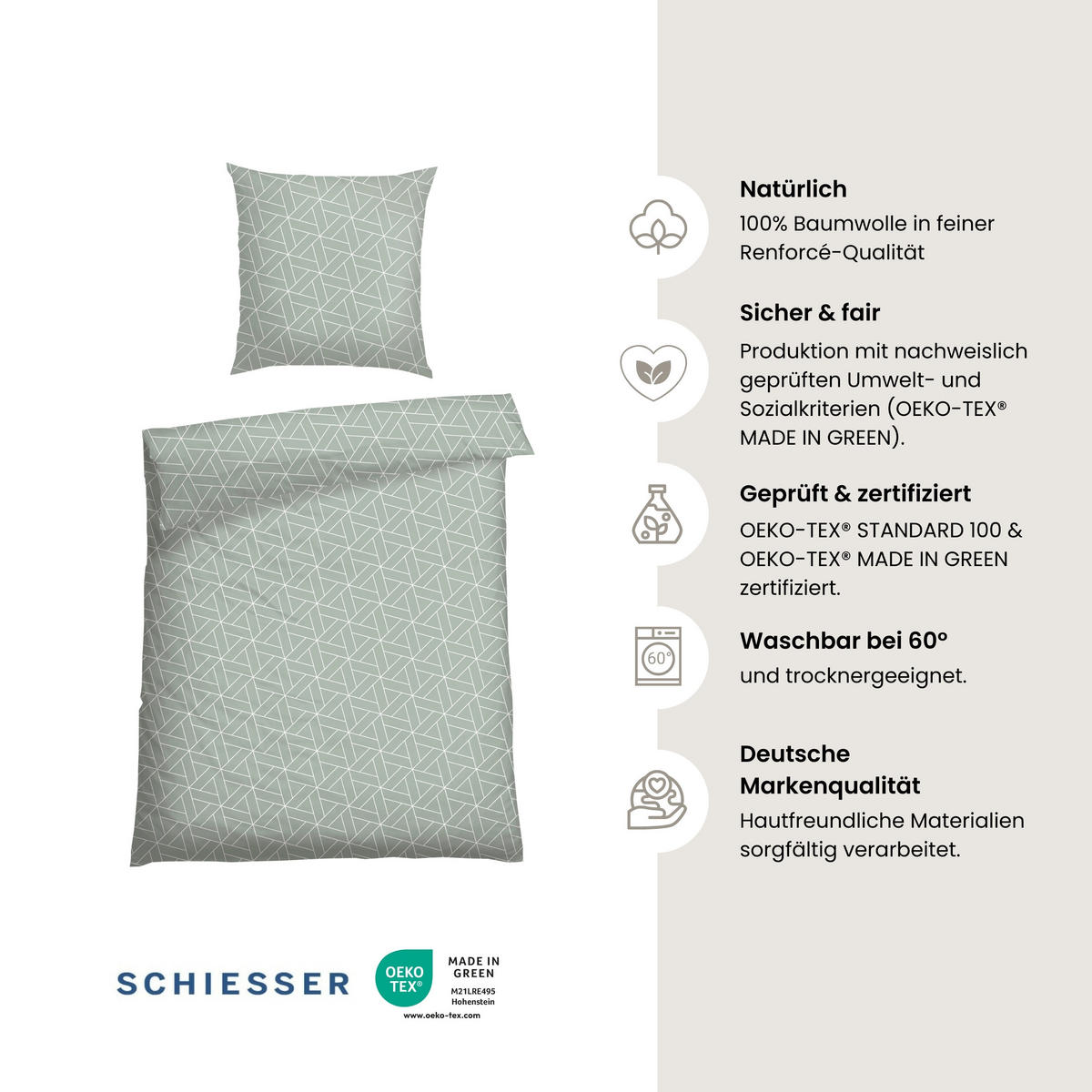 BETTWÄSCHESET Tris - Renforcé - 2-teilig - 155 x 220 cm - Mint - Mintgrün, Textil (155/220cm) - SCHIESSER
