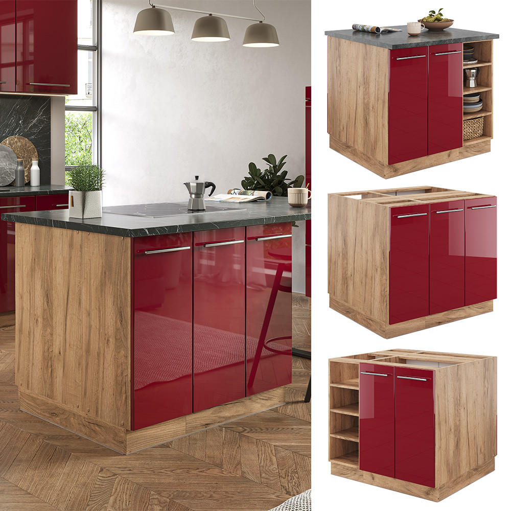 KÜCHENINSEL Fame-Line Bordeaux Hochglanz/Goldkraft Eiche 90 cm ohne AP - Honigeiche/Bordeaux, Holzwerkstoff (90/82/82cm) - Vicco