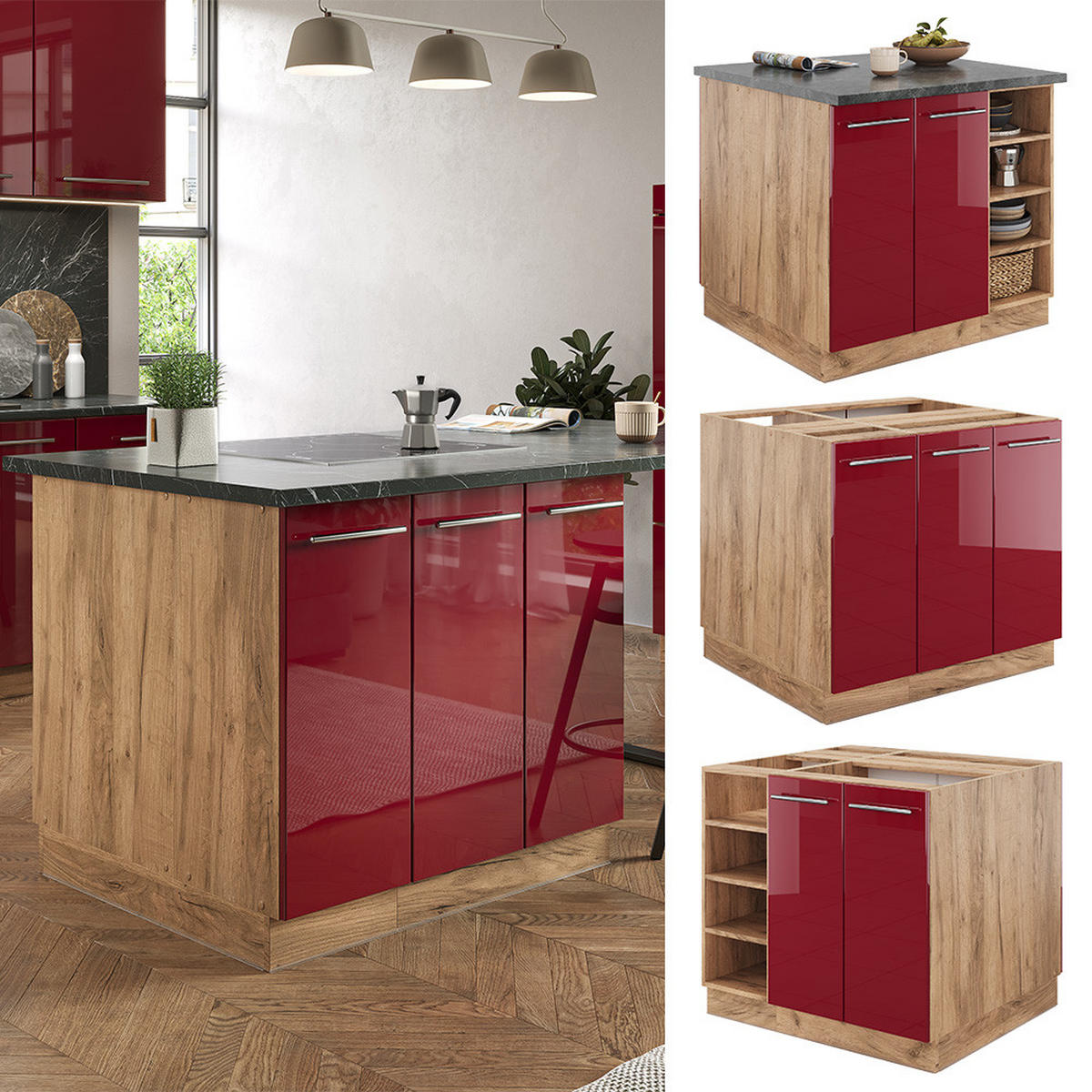 KÜCHENINSEL Fame-Line Bordeaux Hochglanz/Goldkraft Eiche 90 cm ohne AP - Honigeiche/Bordeaux, Holzwerkstoff (90/82/82cm) - Vicco