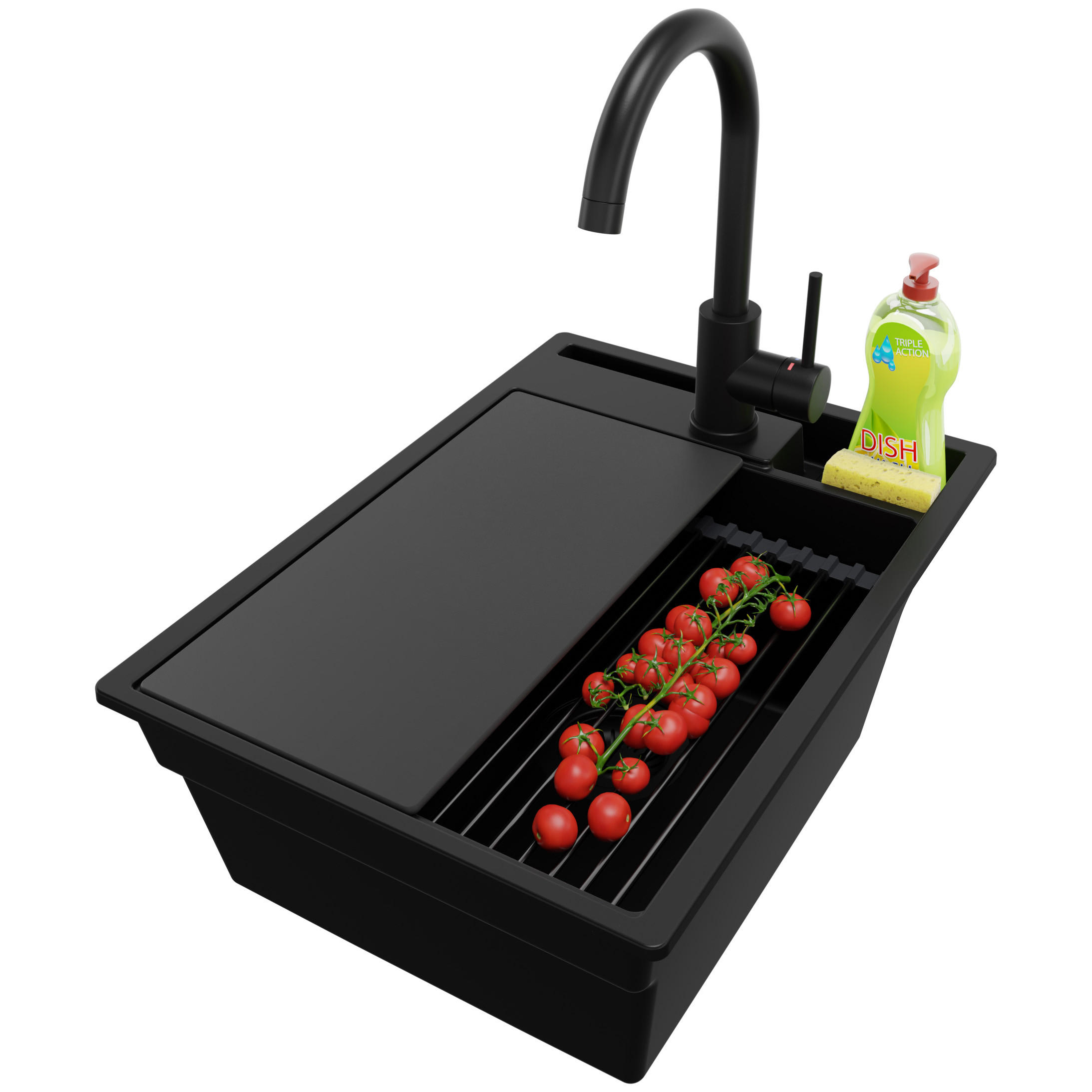 GRANITSPÜLE Oslo Pocket, 2-er set Alles Schwarz 38/53 cm 1 Becken + Küchenarmatur 32/20 cm + Ablauf-Set + Küchenzubehörset ab 40er Unterschrank - Schwarz, Kunststoff (38/20/53cm) - Primagran