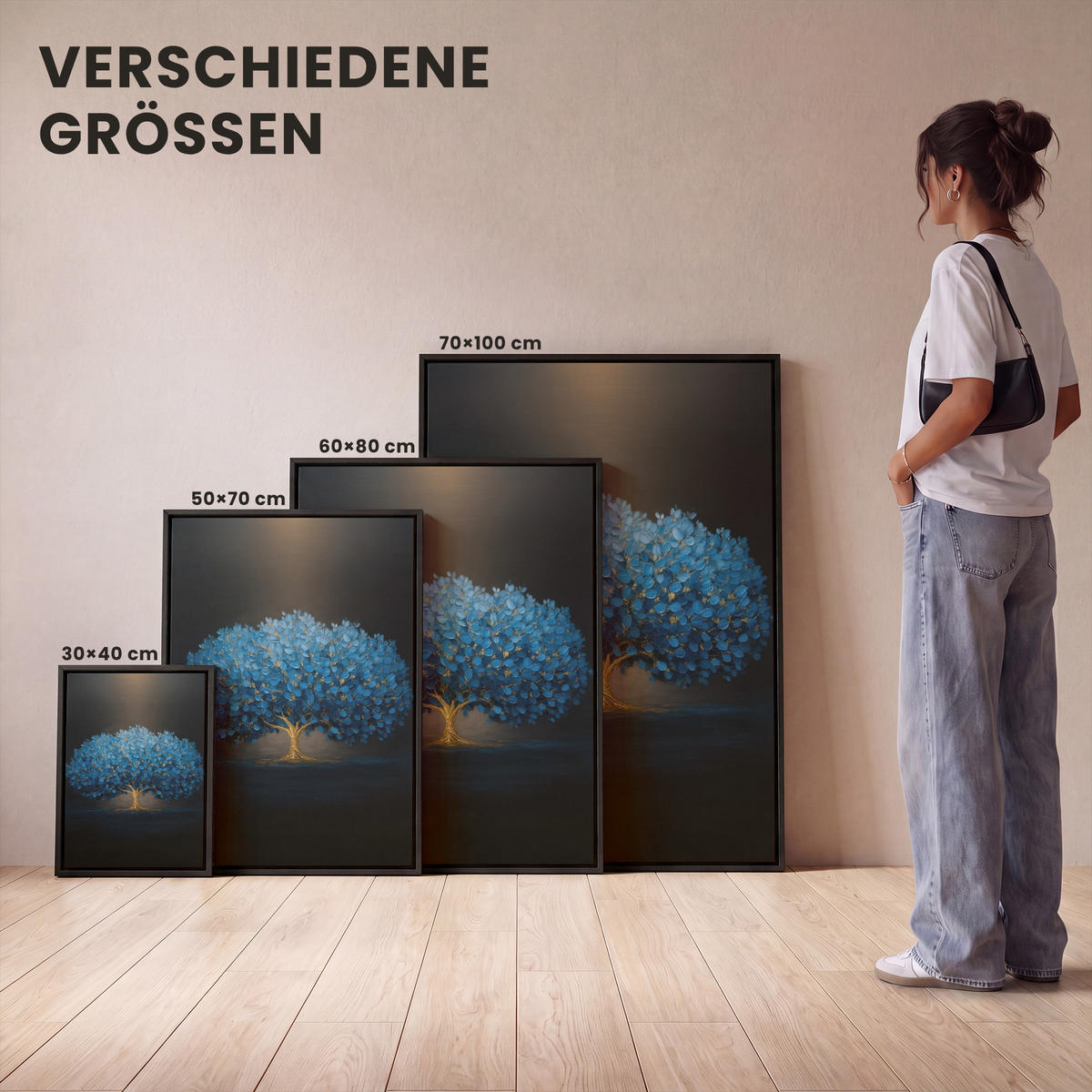 LEINWAND Bilder mit Rahmen - Baum - Blau - Blätter - Pinselstriche - 30x40 - Blau, Textil (30/40cm) - MuchoWow