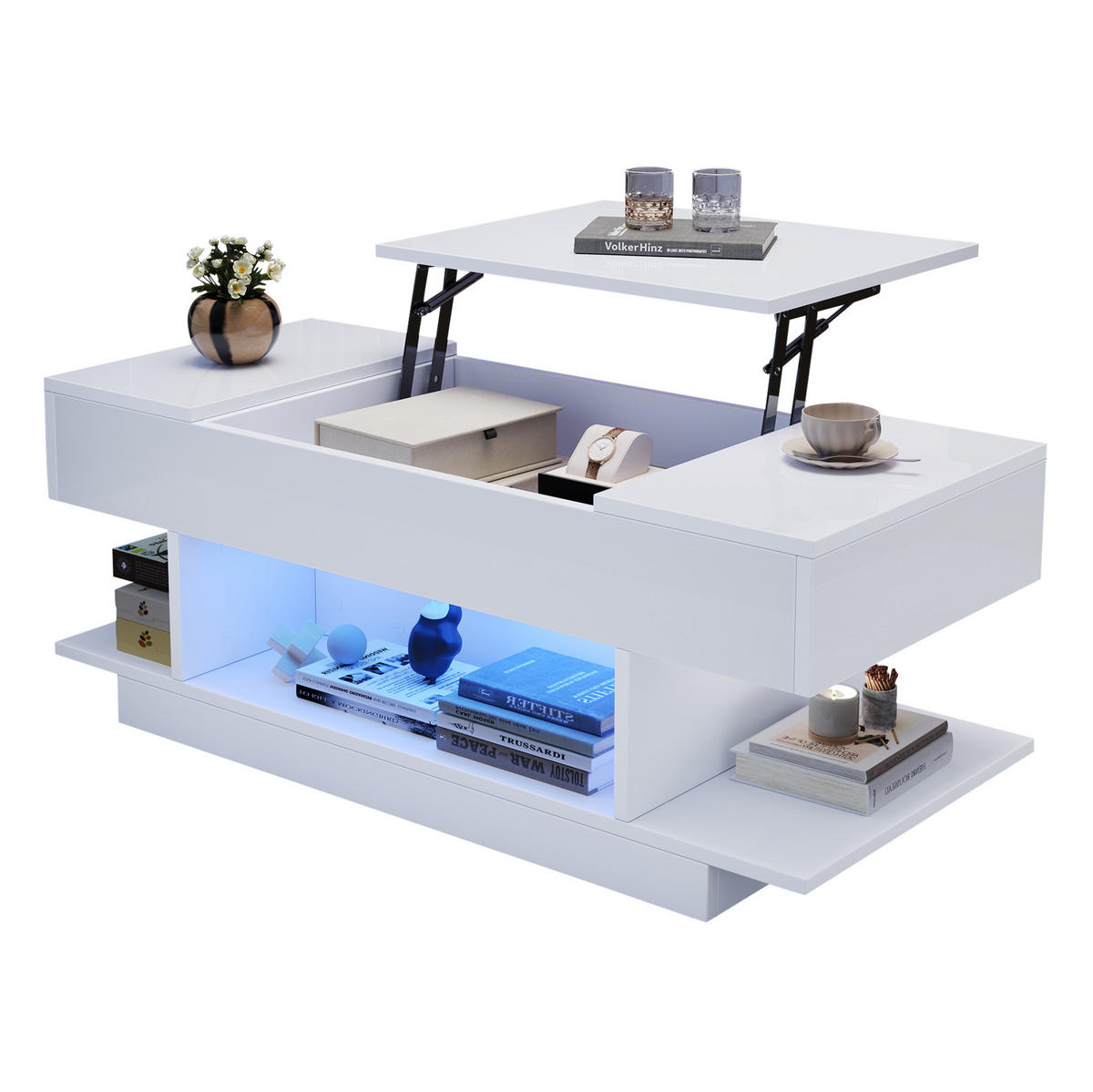 COUCHTISCH 98/45/40 cm höhenverstellbar mit LED, Stauraum und Lift-Tischplatte aus Spanplatte, Weiß - Weiß, Holzwerkstoff (98/45/40cm) - Redom