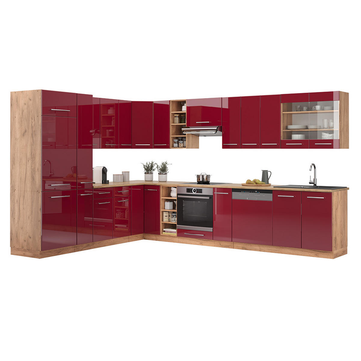 ECKKÜCHE Fame-Line Bordeaux Hochglanz/Goldkraft Eiche 347 x 257 cm AP Marmor - Bordeaux/Eiche Wotan, Holzwerkstoff (347/81.6/60cm) - Vicco