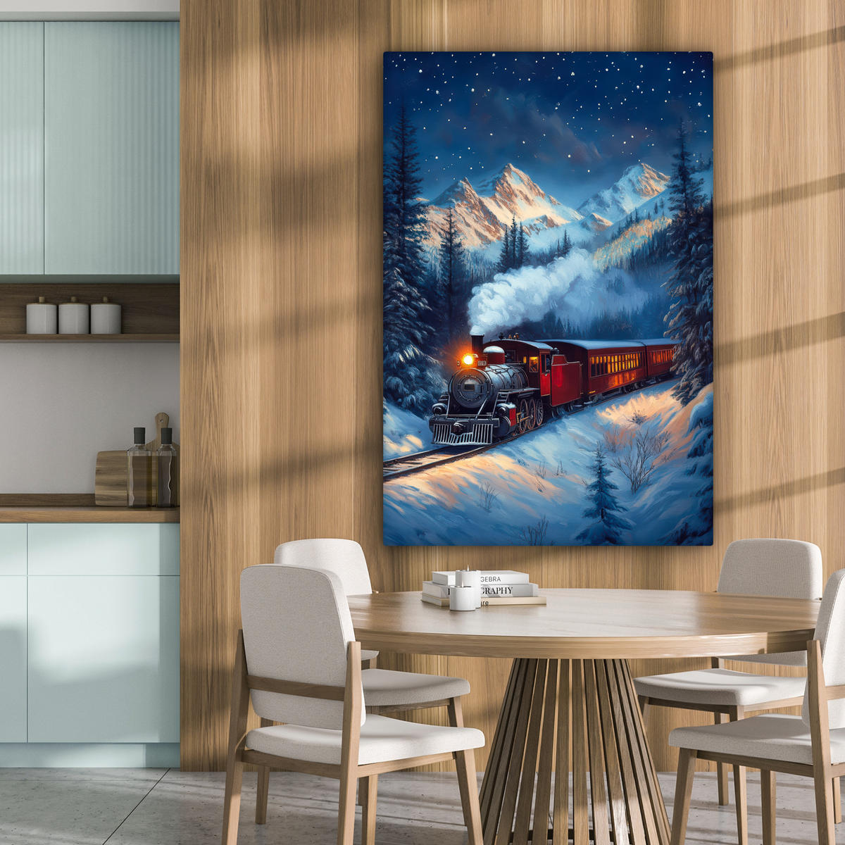 LEINWANDBILD Zug - Weihnachten - Schnee - Weihnachtszug 80x120 cm - Anthrazit, Textil (80/120cm) - MuchoWow