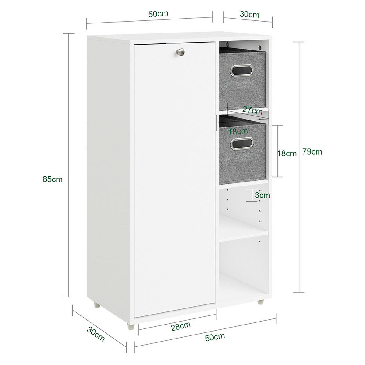 WÄSCHESCHRANK mit einer Tür Weiß 50x30x85cm Modern - Weiß, Holzwerkstoff (30/85/50cm) - SoBuy