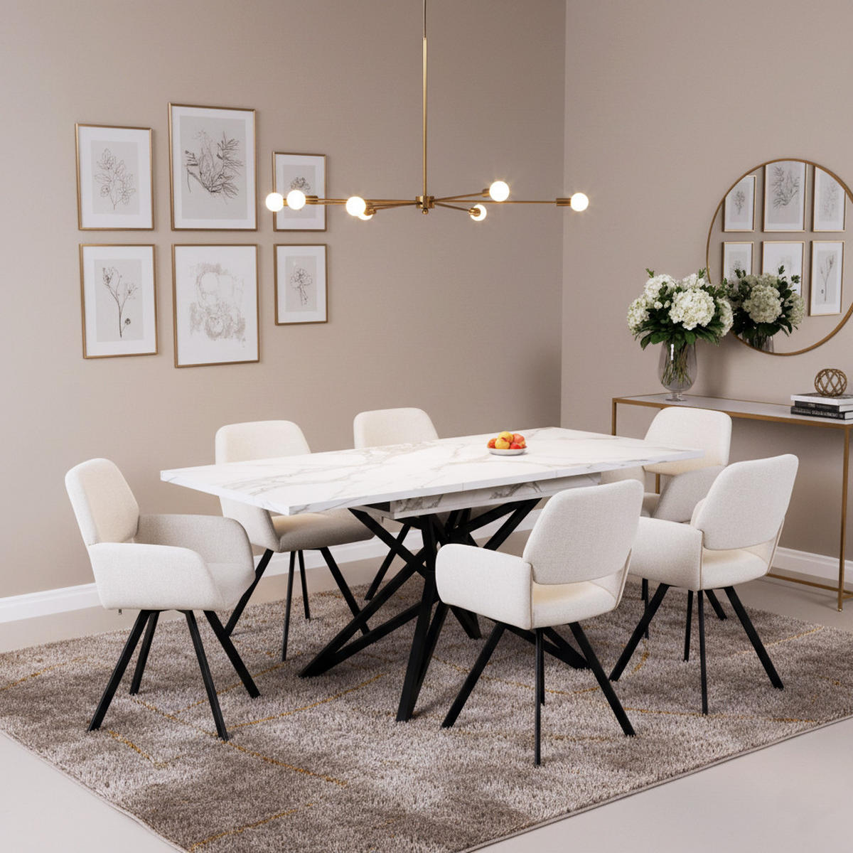 TISCHGRUPPE 7-teilig Ausziehtisch Marmoroptik Weiß & 6x 360° Drehstühle mit Armlehnen - Schwarz/Weiß, Holzwerkstoff/Textil (160/66.1/80cm) - Urban Meuble