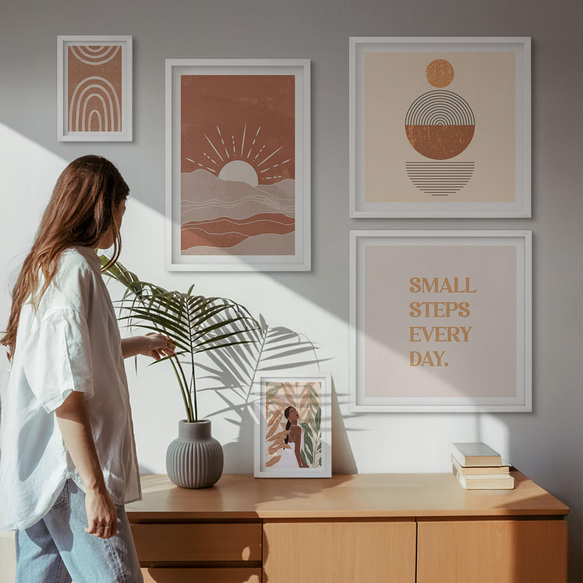 WANDBILDER 5er-Set - 50x50 cm & 20x30 cm & 40x60 cm Weißer Rahmen - Ein entspannter Buddha am Strand - Weiß, Kunststoff (40/60cm) - ArtPrintCave