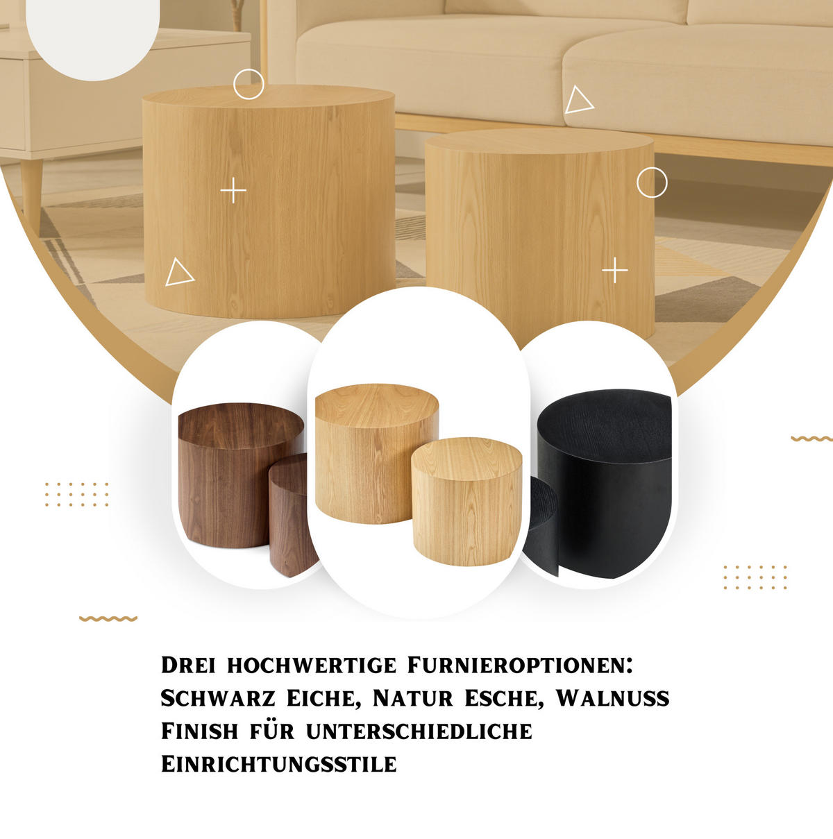 PRÍRUČNÝ stolík sada 2 ks, MDF, prírodný, priestorovo úsporný,48/48/38 cm - prírodná farba, kompozitné drevo (48/48/38cm) - BEAOK
