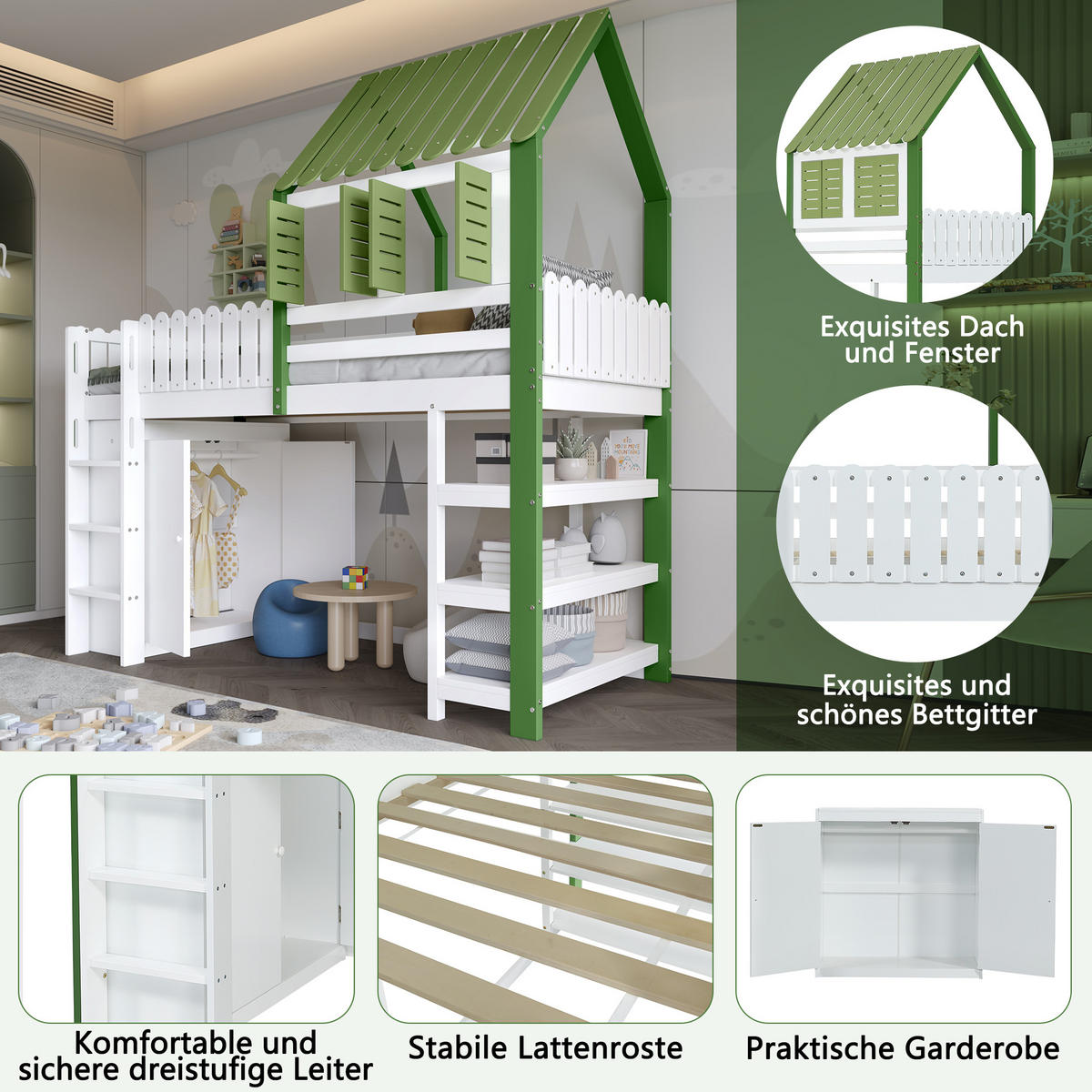 HOCHBETT, KINDERBETT Mit Leiter und Stauraum Grün und Weiß - Weiß/Grün, Holzwerkstoff - Urban Meuble