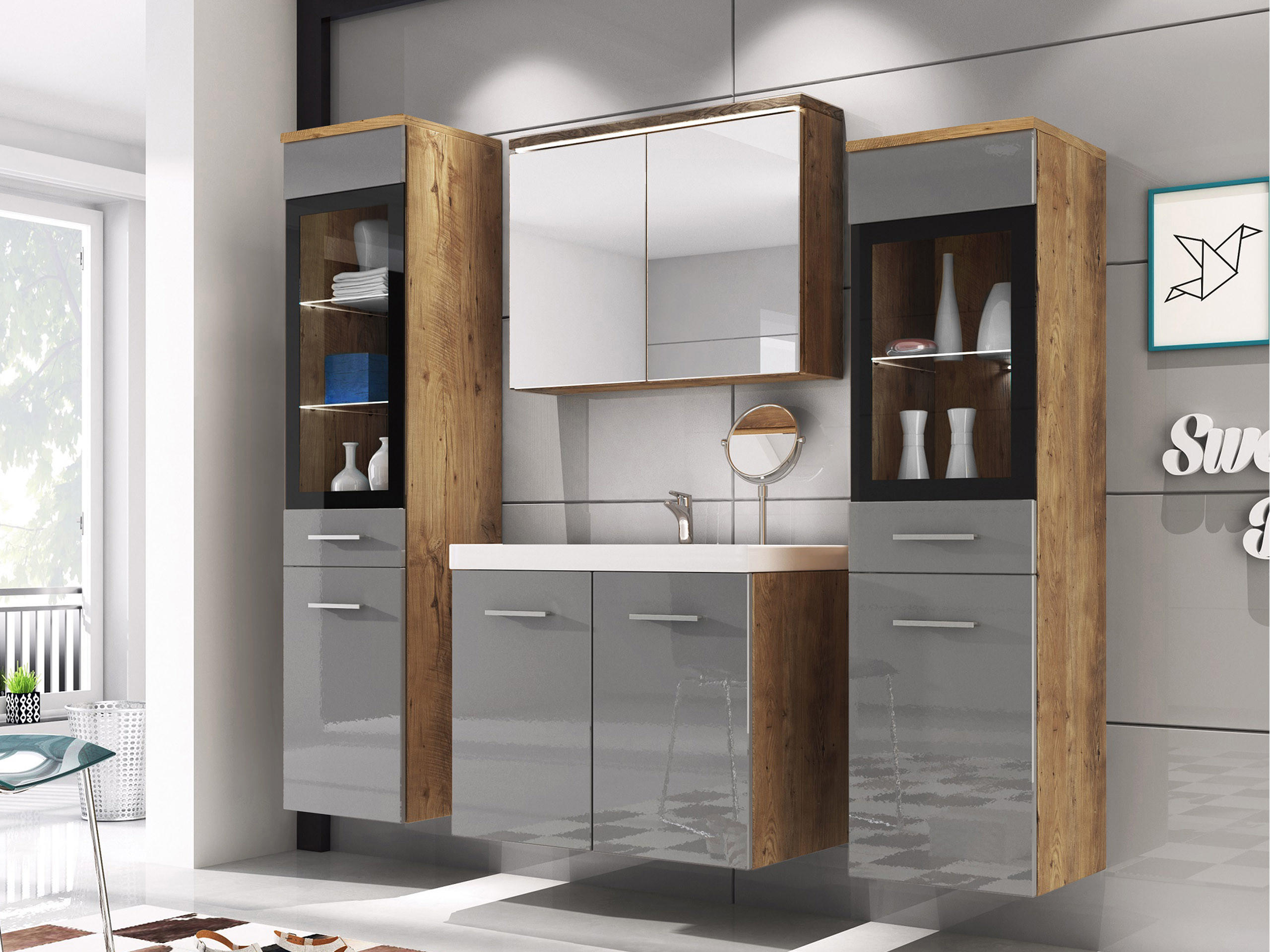 BADMÖBEL-SET Madrit II mit weißer LED Beleuchtung - Graubraun/Silberfarben, Holzwerkstoff/Kunststoff (132/132/30cm) - MIRJAN24