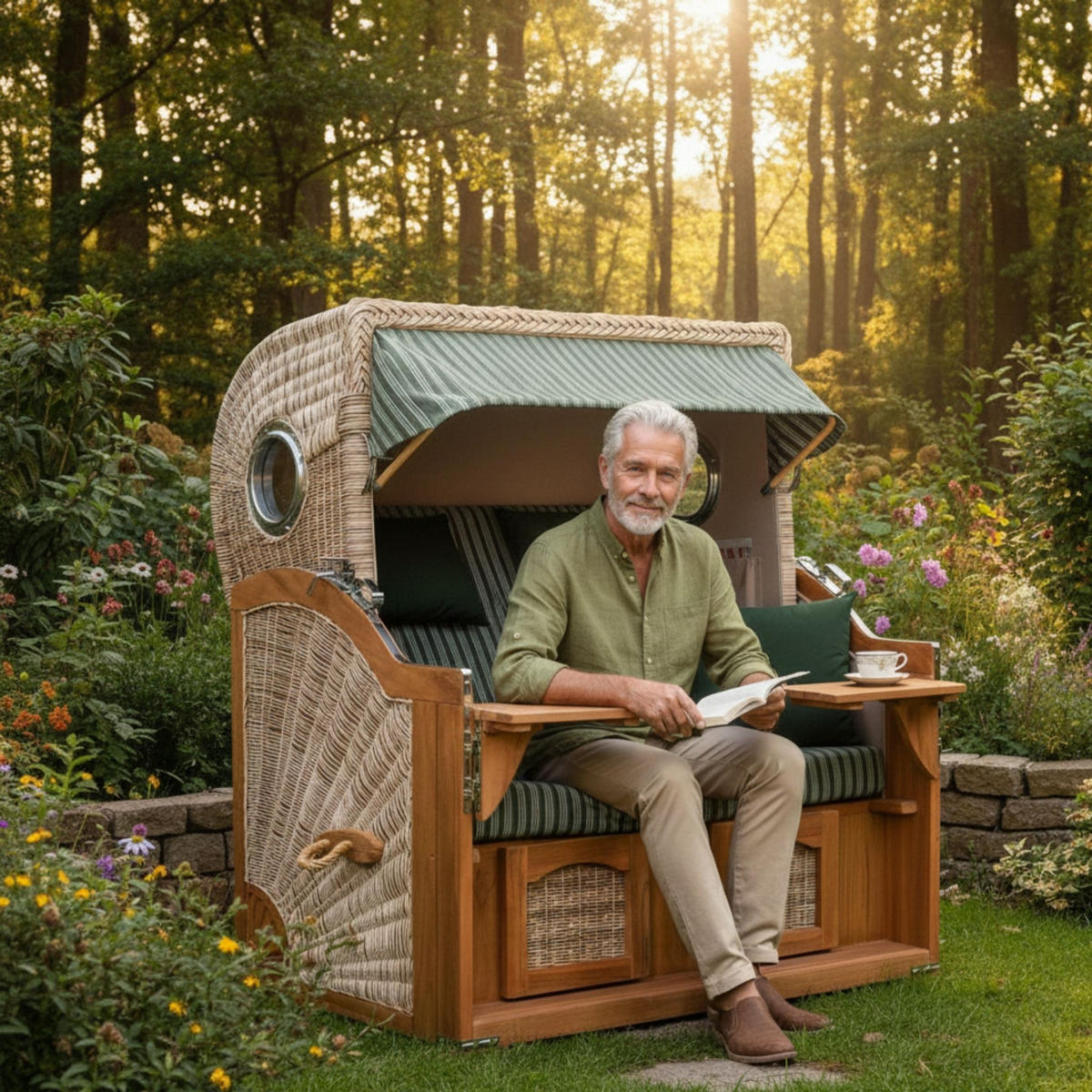 STRANDKORB XXL Düne Grande Teak PE Shell - Braun/Grün, Metall (142/170/95cm) - Mr. Deko