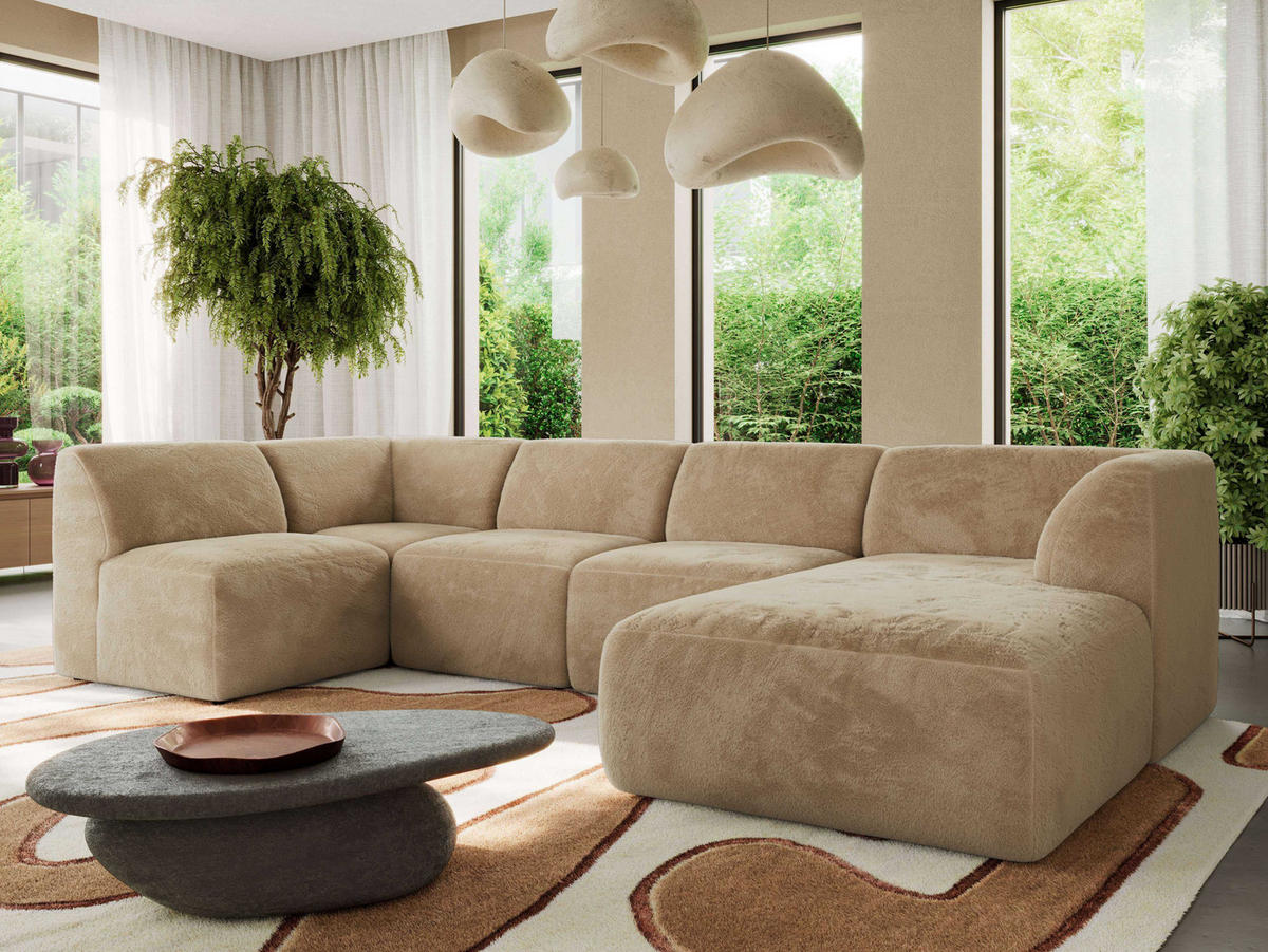 WOHNLANDSCHAFT MODARO U 5M - Beige Plüsch - Rechts - Beige/Schwarz, Textil (345/78/180cm) - MKS