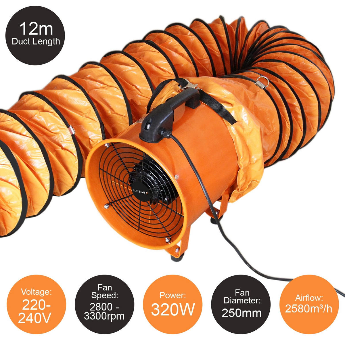 INDUSTRIEVENTILATOR Profesioneller 250mm 320W - 12m Kanal - Orange, Metall (33/33/38cm) - T-Mech