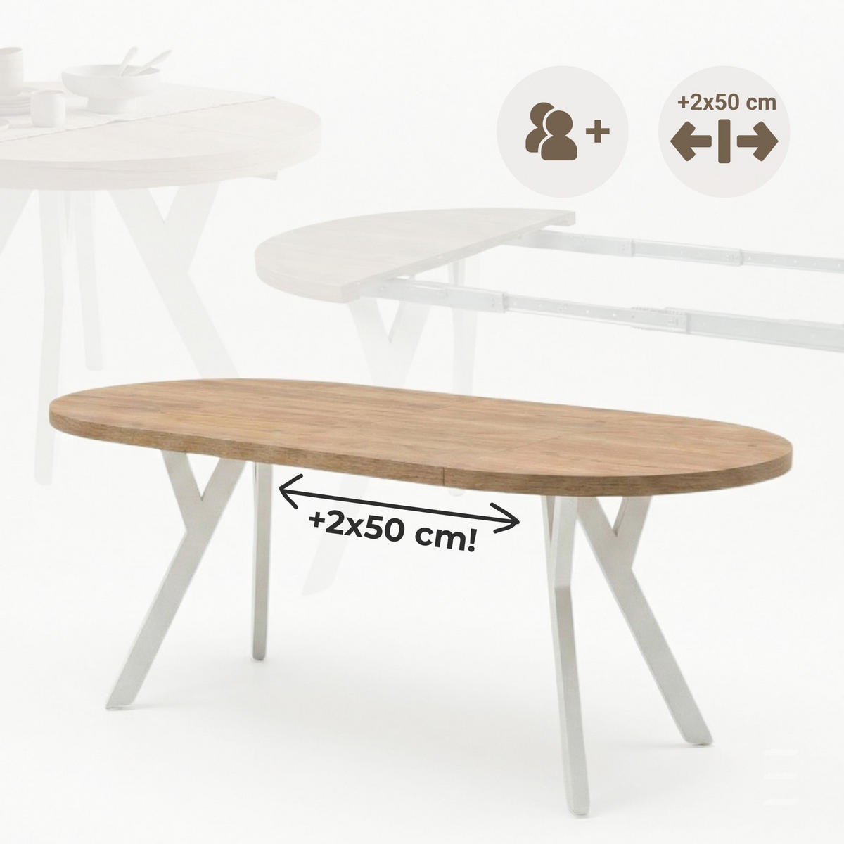 ESSTISCH Runder Ausziehbarer PERO 100/200, Eiche Lancelot/Weiß - Hellbraun/Weiß, Holz (200/100/77cm) - Dekori_Interiors