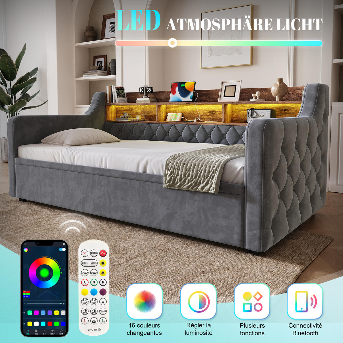 BETT 90/190 cm in Dunkelgrau mit Bett, LED-Beleuchtung und USB-Anschlüssen - Dunkelgrau, Textil (90/190cm) - Flora Grace