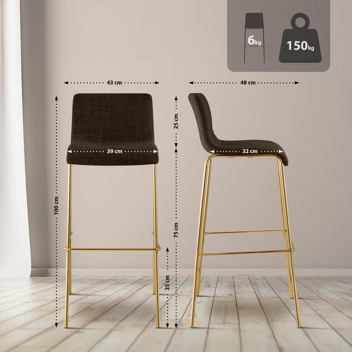 BARHOCKER Stoff Braun - Goldfarben/Braun, Textil/Metall (43/100/48cm) - CLP