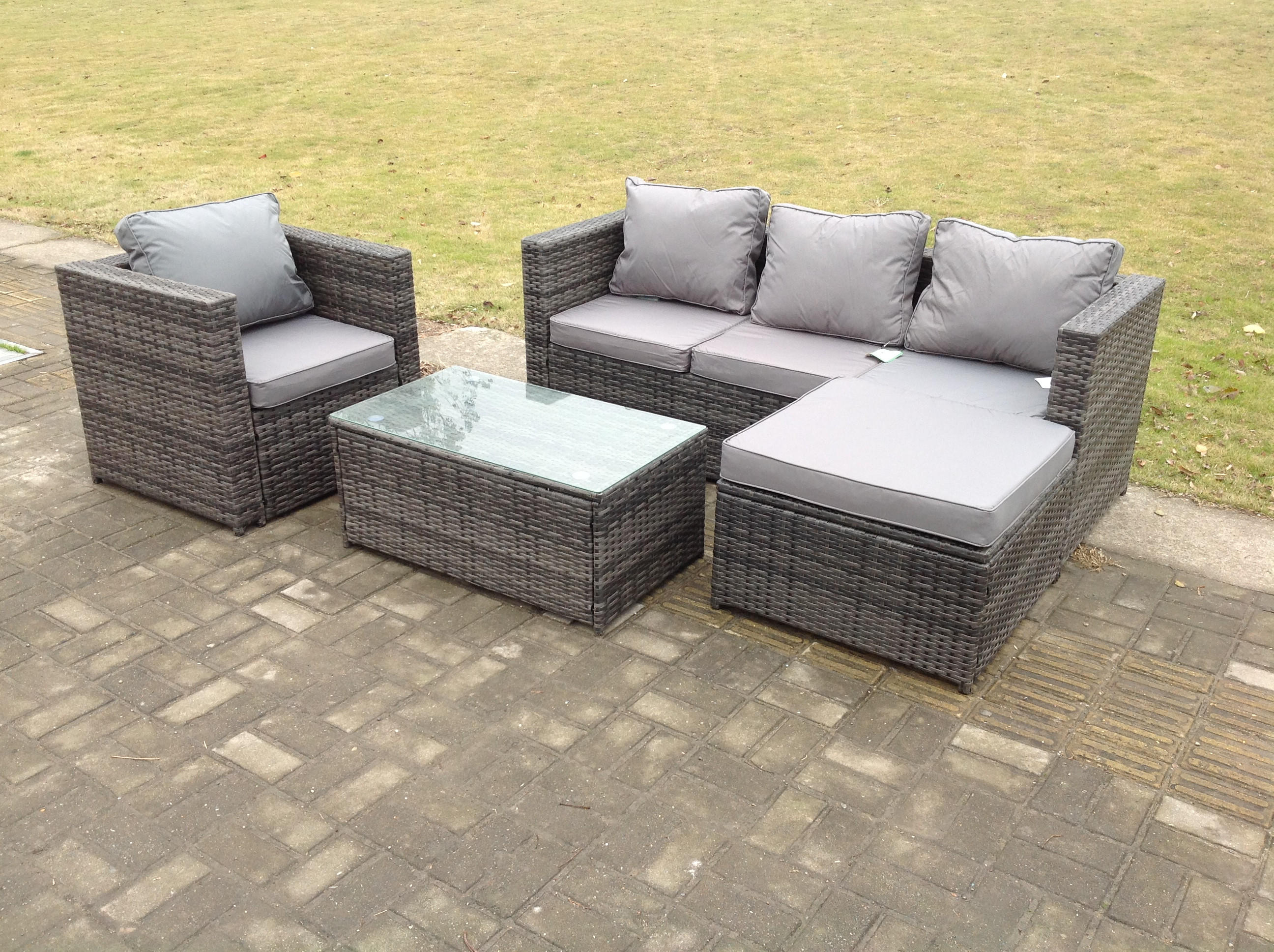 GARTENMÖBELSET mit Couchtisch Polyrattan 5-Sitzer - Dunkelgrau/Grau, Glas/Kunststoff - Fimous