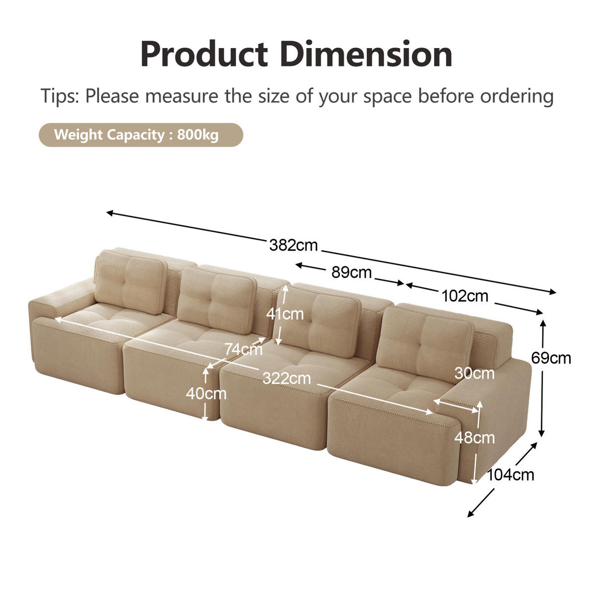 SOFA modular tiefsitzig Cord Beige - Beige, Kunststoff (104/69/382cm) - Meubliv