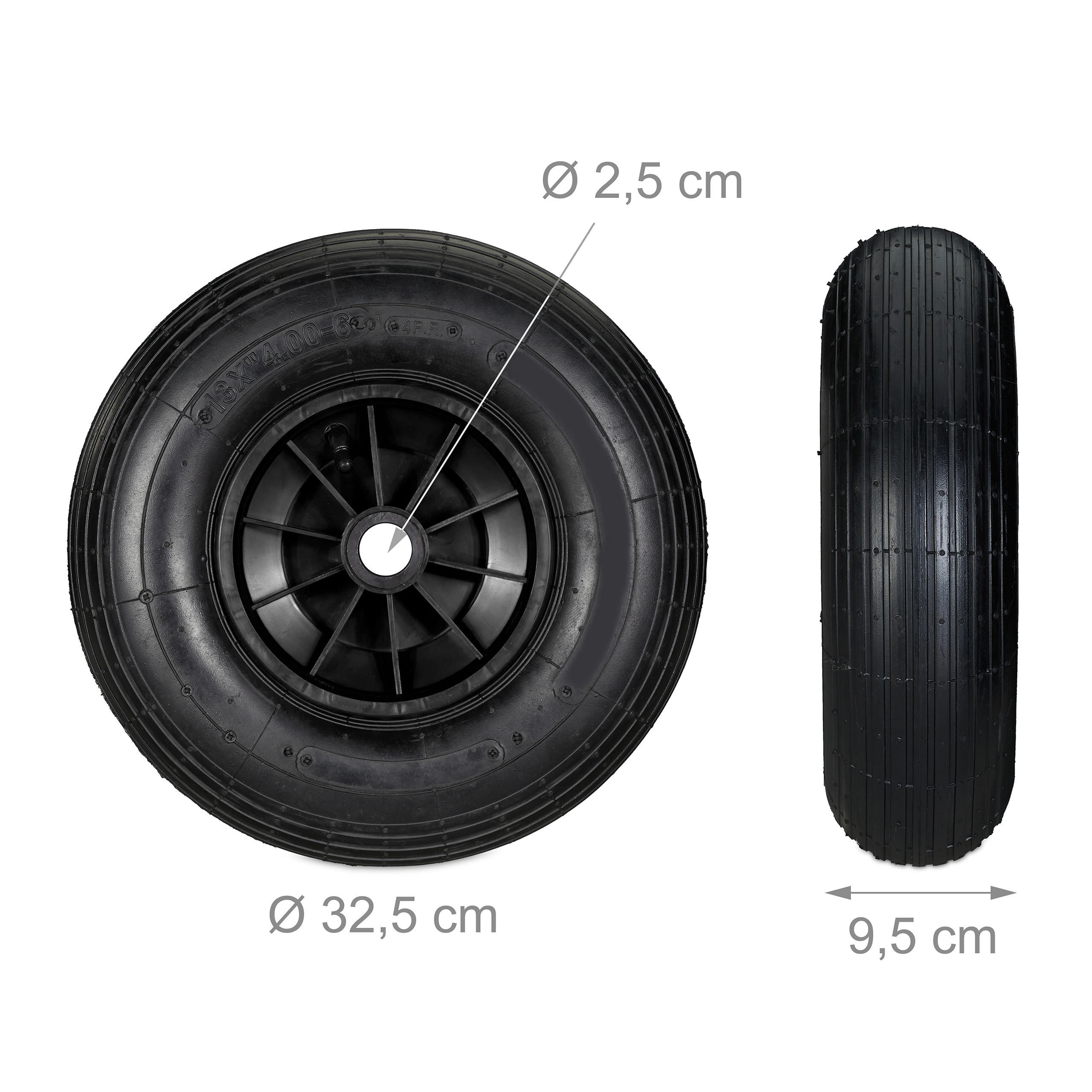 Thumbnail - Relaxdays Schubkarrenrad, Schwarz, Kunststoff, Metall, 32.5x32.5x9.5 cm, Gartenzubehör, Gartenpflege