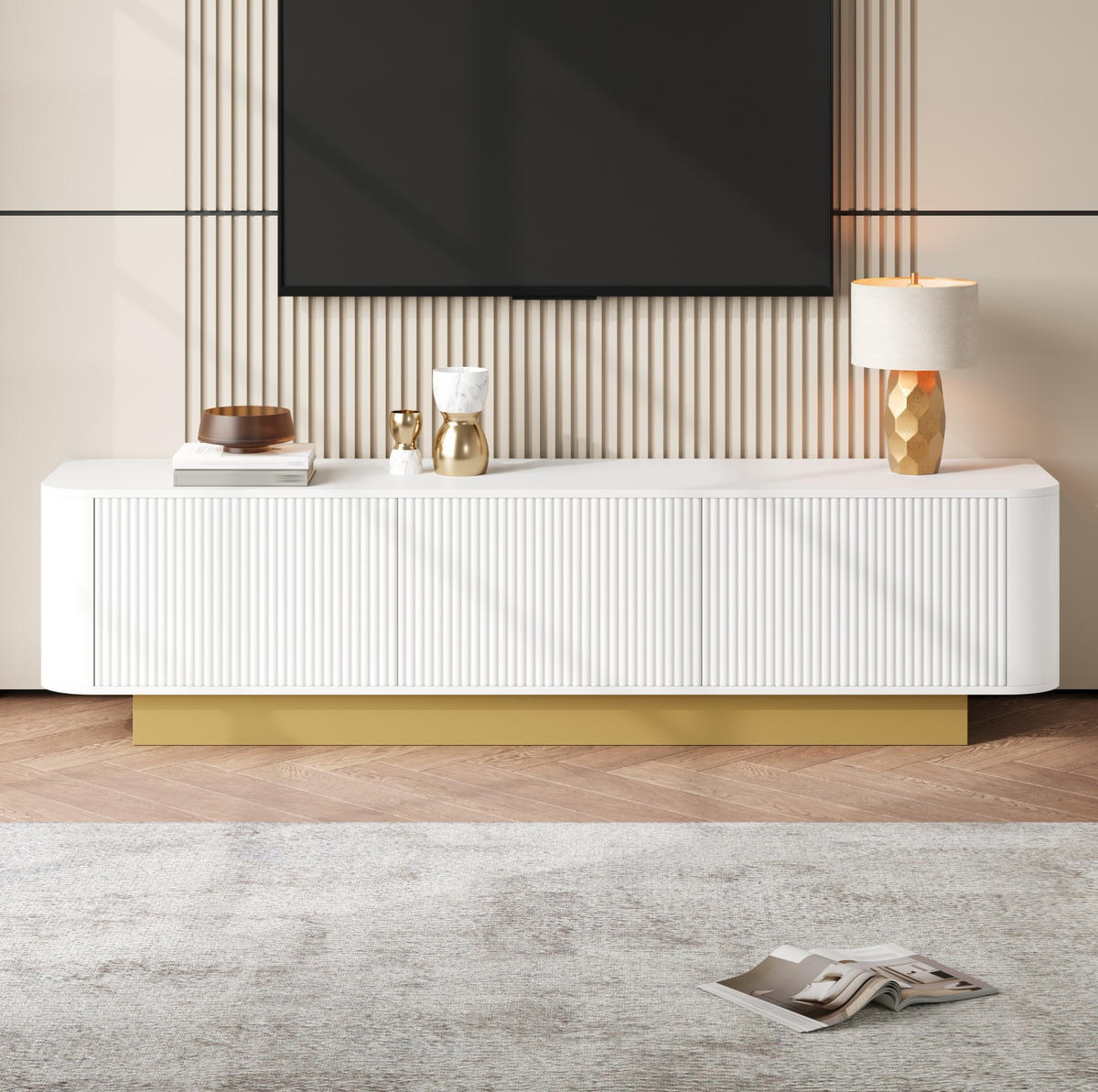 TV ormarić 170/40,5/47 cm bijeli od MDF-a i iverice s 3 vrata i vođenjem kabela - bijela, drvni materijal (170/47/40.5cm) - OKWISH