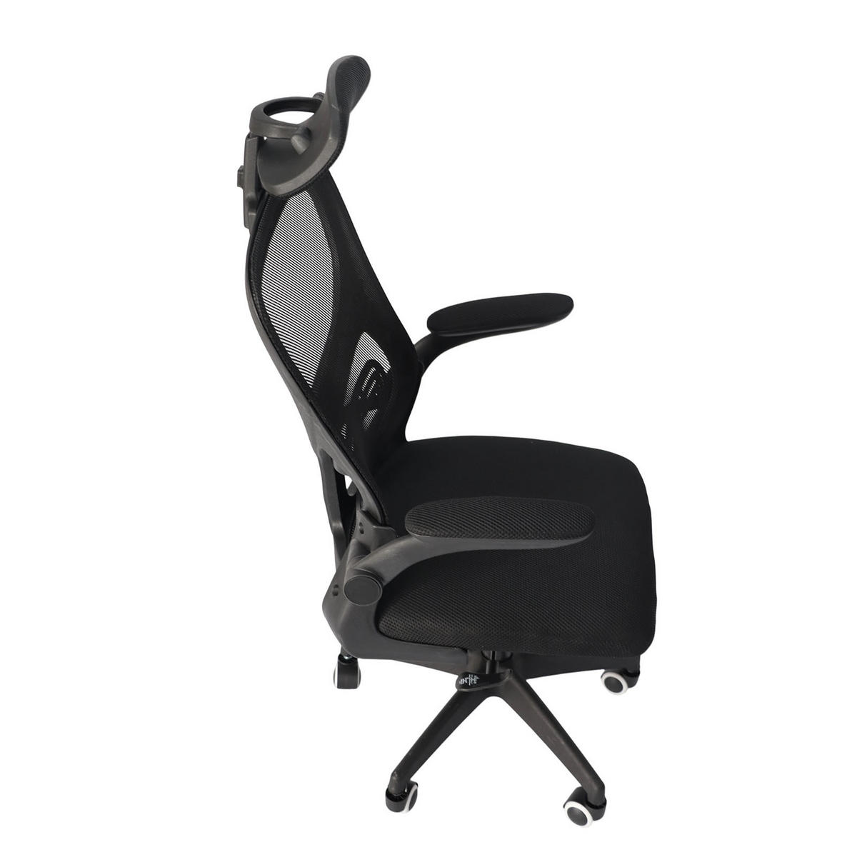 BÜROSTUHL ergonomisch Schwarz – Mesh Drehstuhl mit hoher Rückenlehne, Lendenstütze, 3D Kopfstütze & klappbaren Armlehnen - Schwarz, Kunststoff (51/58/26cm) - Ej. Life