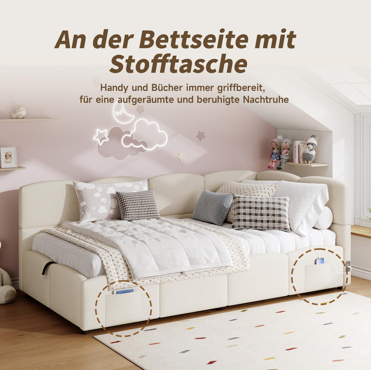 POLSTERBETT Stauraumbett 90/200 cm aus Bouclé mit USB-Anschlüssen Beige - Beige, Textil (90/200cm) - Modenvie