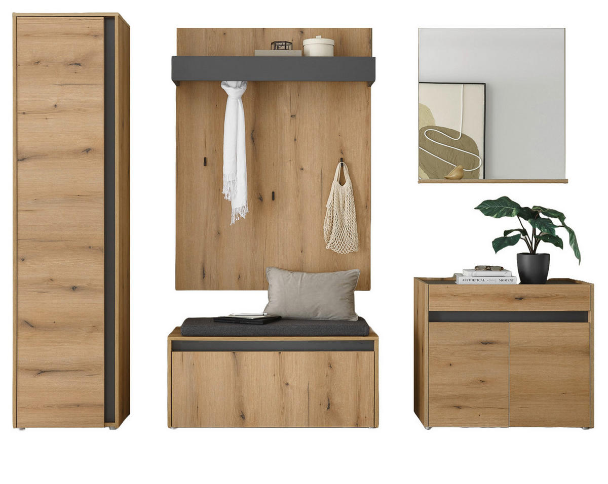 GARDEROBEN-SET Evoke Eiche, grau 6-teilig 260 cm, Garderobenkombination viel Stauraum - Eichefarben/Schwarz, Glas/Holzwerkstoff (260/200/40cm) - Furn.Design