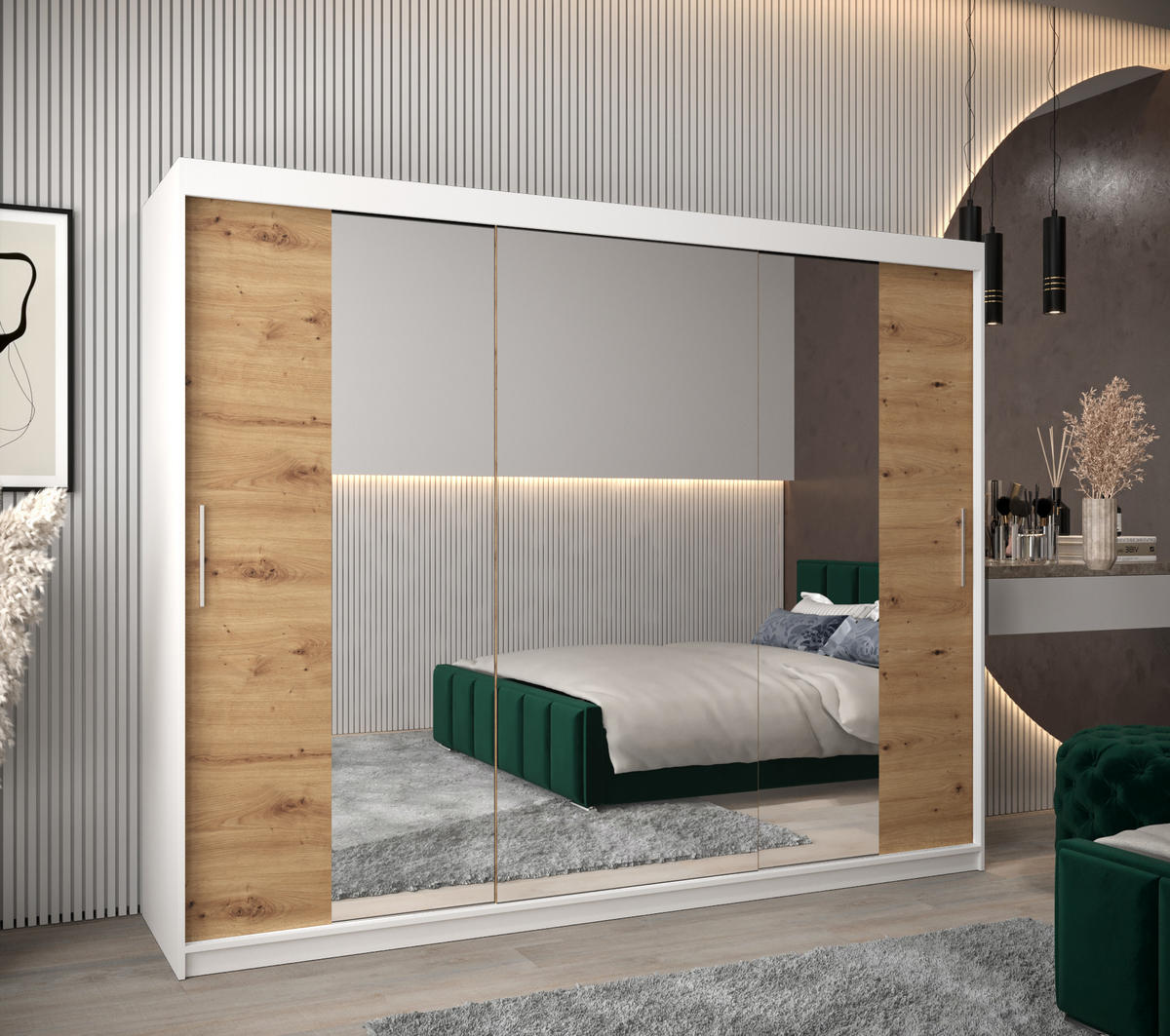 SCHWEBETÜRENSCHRANK 200/250/62 3-türig - Silberfarben/Eiche Artisan, Holz/Kunststoff (250/200/62cm) - Abiks Möbel