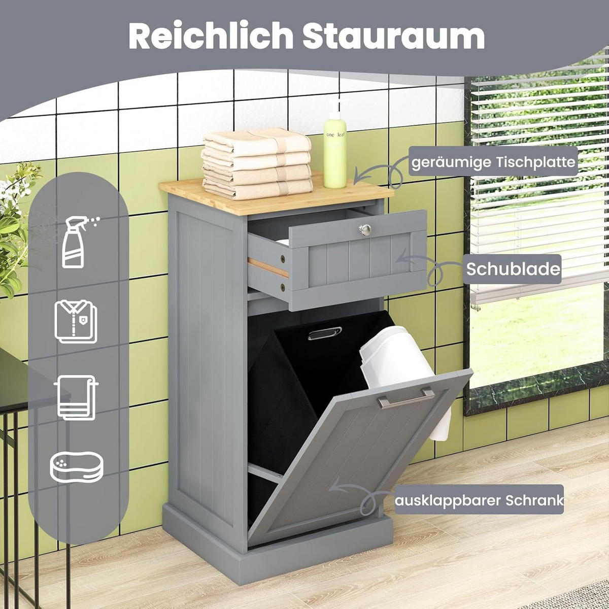 WÄSCHESCHRANK mit Wäschekorb grau - Grau, Holzwerkstoff (40/82/37cm) - COSTWAY