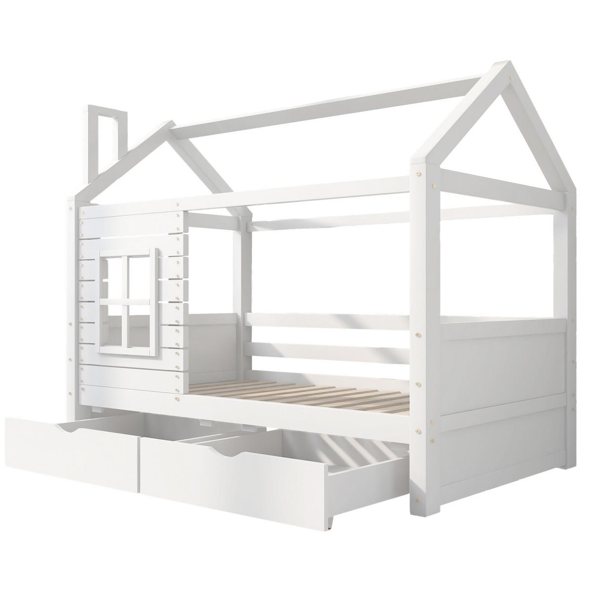 KINDERBETT 90/200 cm mit Rausfallschutz, Fensterdesign, Lattenrost und 2 Bettkästen, Weiß - Weiß, Holzwerkstoff (90/200cm) - Redom