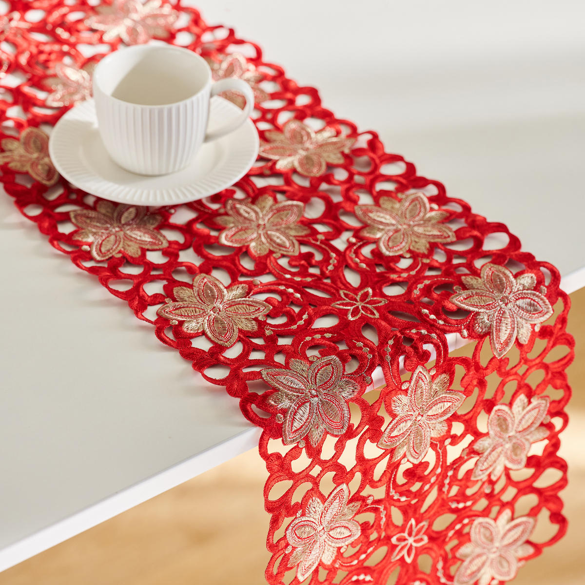 TISCHLÄUFER Bestickter RECOR, 28x174 cm, Rot, Weihnachten Deko Tischdecke, Christmas - Rot, Kunststoff (174/28/1cm) - home&you
