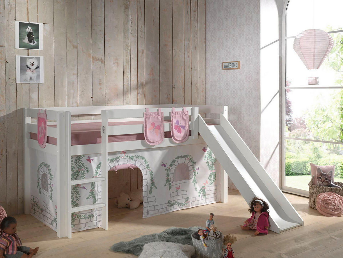 HOCHBETT mit Rutsche Karolina Massivholz Weiß Textilset Burg 3 - Hellgrau/Weiß, Holz (90/200cm) - 58aufmkessel