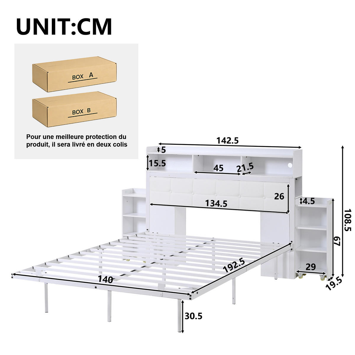 BETT 140x190 cm LED USB Ablage weiß - Weiß, Metall (140/190cm) - LEBENLANG