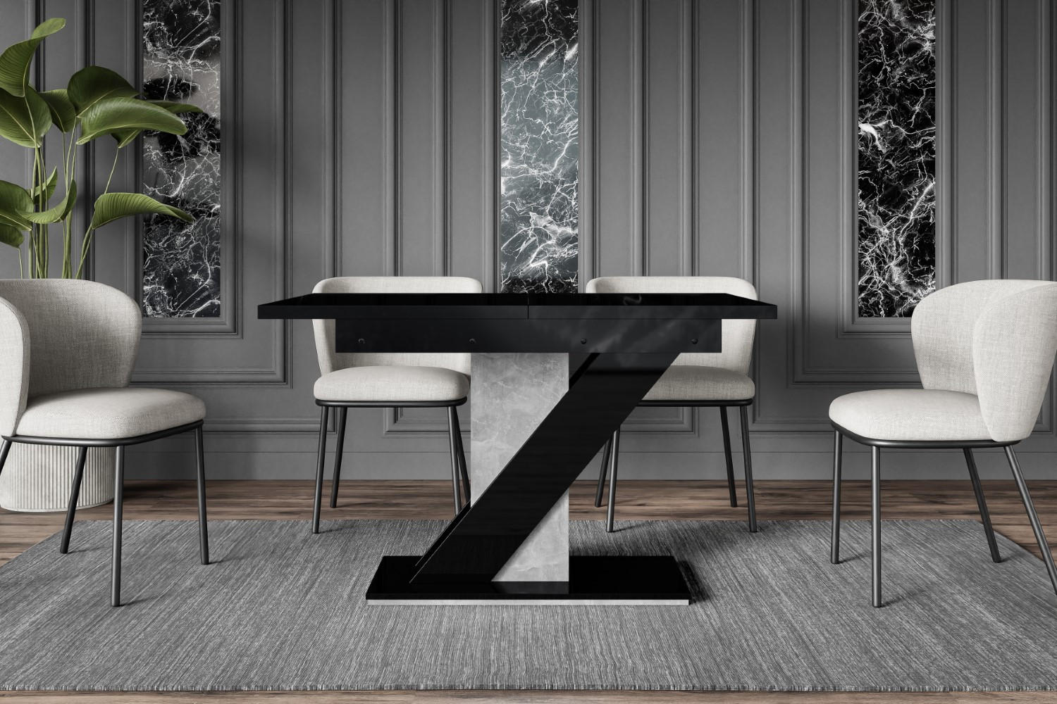 ESSTISCH ausziehbar 120 -160x80x75 cm - Hochglanz Schwarz/Betonoptik - EVA - Schwarz Hochglanz, Holzwerkstoff (120/80/75cm) - ALTDECOR