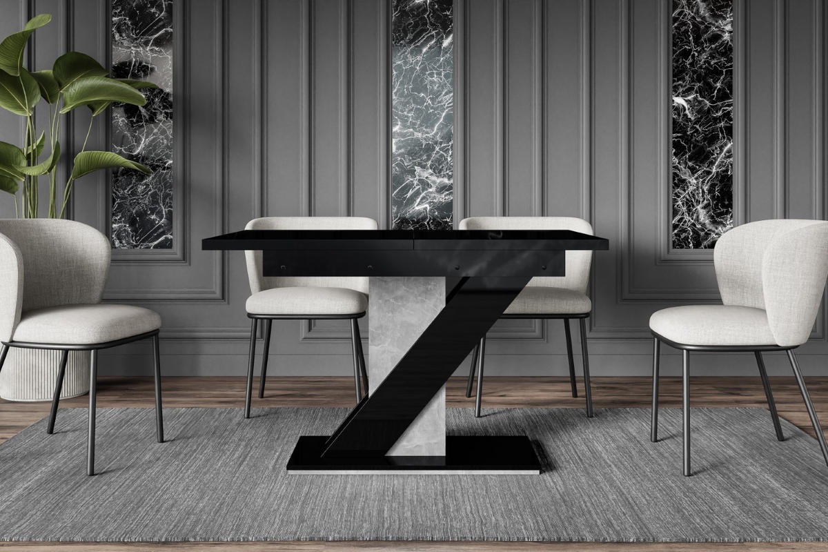 ESSTISCH ausziehbar 120 -160x80x75 cm - Hochglanz Schwarz/Betonoptik - EVA - Schwarz Hochglanz, Holzwerkstoff (120/80/75cm) - ALTDECOR