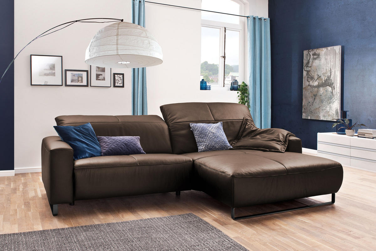ECKSOFA YORK Walnuss Dekor Leder - Walnussfarben/Schwarz, Leder (284/180cm) - KAWOLA