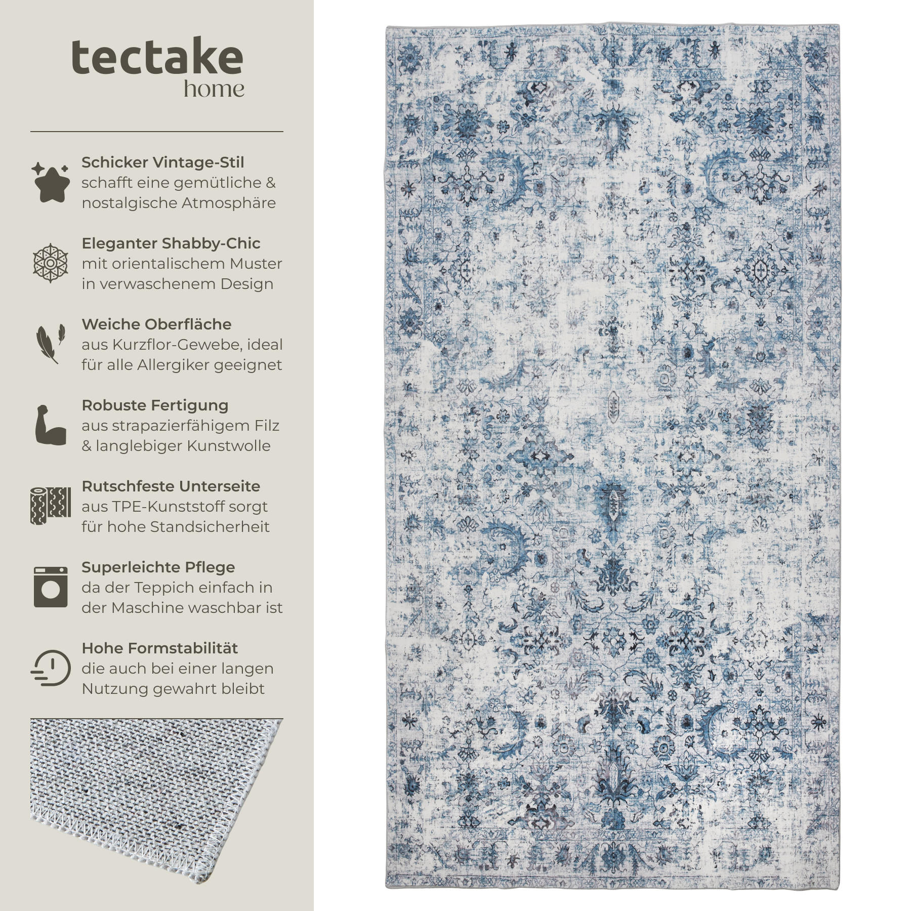 TEPPICH Vintage Design Amara,rutschfeste Unterseite,blau - Blau, Kunststoff (80/150cm) - tectake