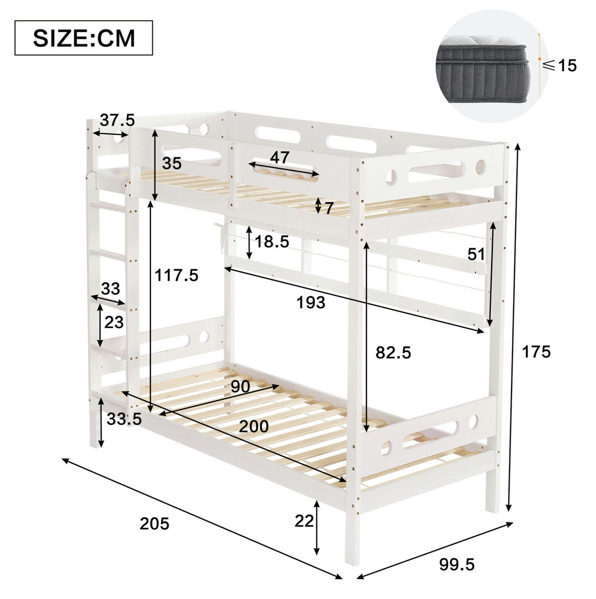 POSCHODOVÁ posteľ 90/200 cm biela/prírodná s otvoreným regálom a 5-stupňovým rebríkom z masívneho dreva a MDF - biela, drevo (90/200cm) - OKWISH