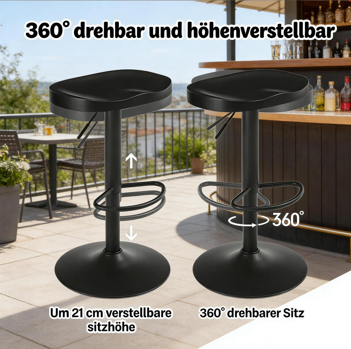 BARHOCKER drehbar höhenverstellbar schwarz Massivholz und Metall - Schwarz, Metall (31.5/81/41.5cm) - Meubliv