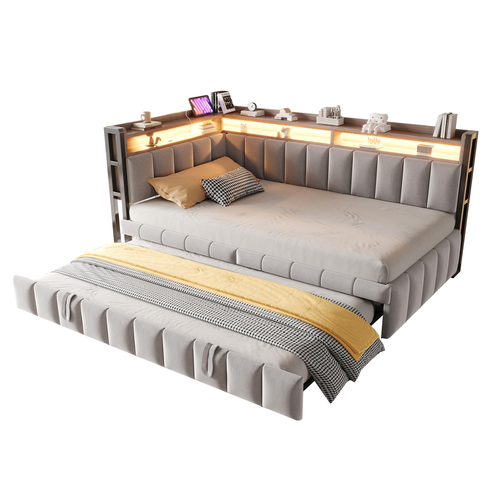 POLSTERBETT 90x200 cm LED USB hellgrau - Grau, Textil (90/200cm) - Fortuna Lai