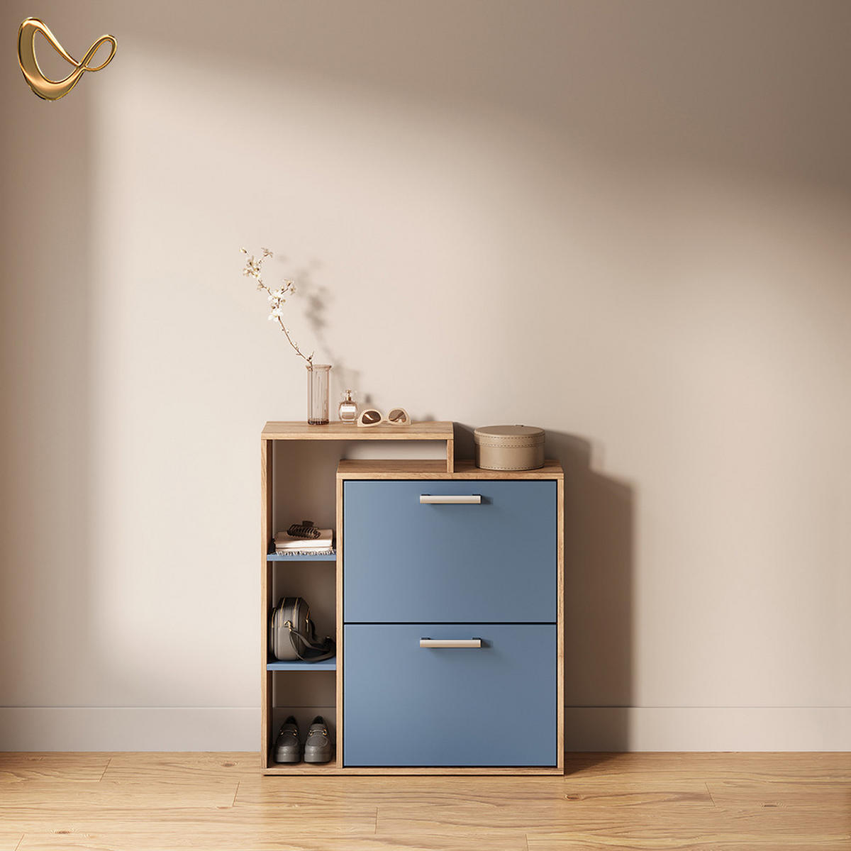 SCHUHKIPPER Ortello Goldkraft Eiche/Blau 80 x 90 cm - Eichefarben/Dunkelblau, Holzwerkstoff (80/90/24.2cm) - Livinity®