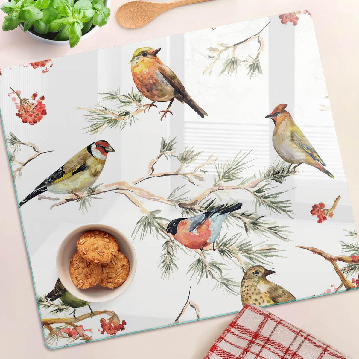 GLASPLATTE 60x52 cm Waldvögel Pflanzen - Hellgrau/Weiß, Glas (60/0.4/52cm) - TULUP
