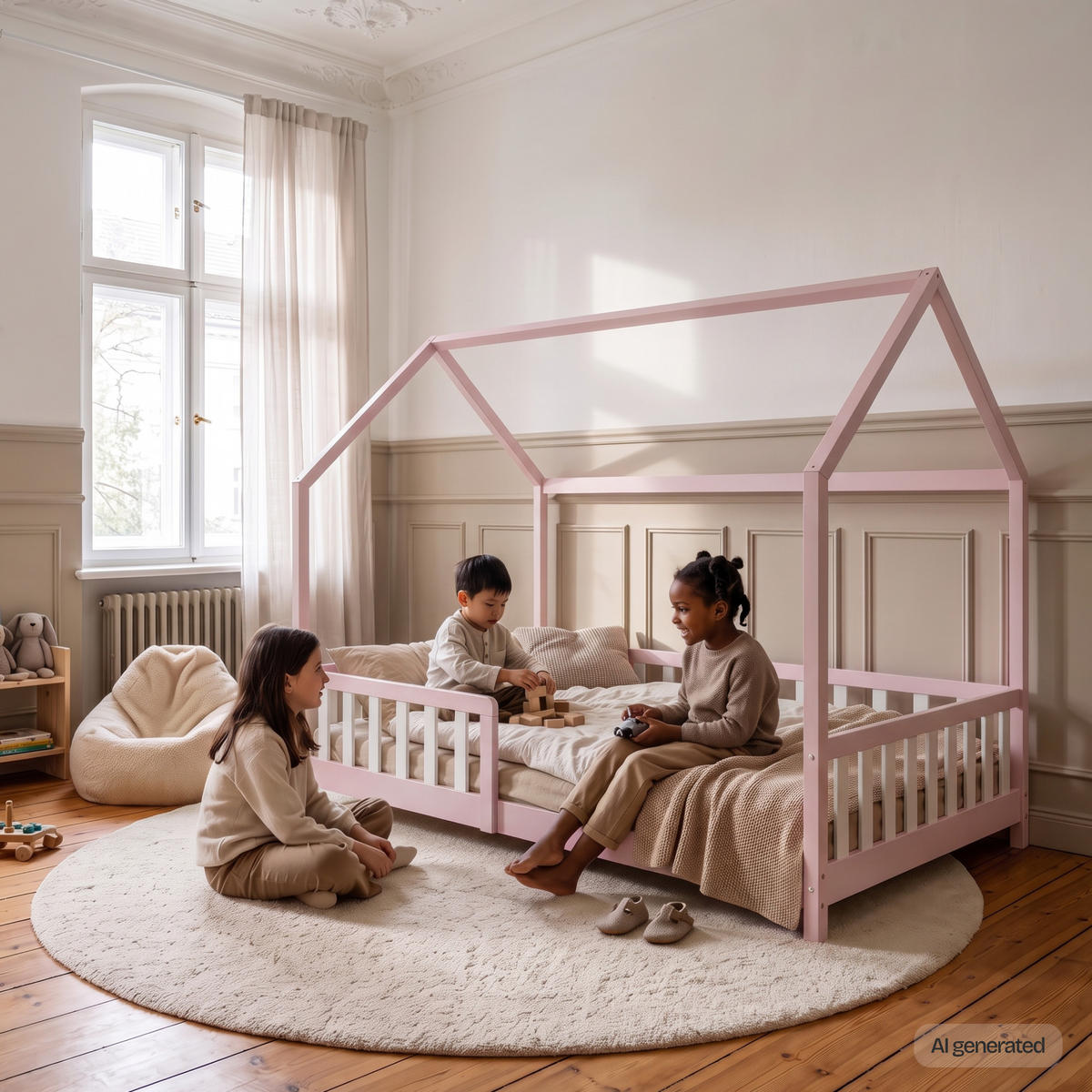 HAUSBETT Hesel - Rosa/Weiß, Holz (140/200cm) - [en.casa]