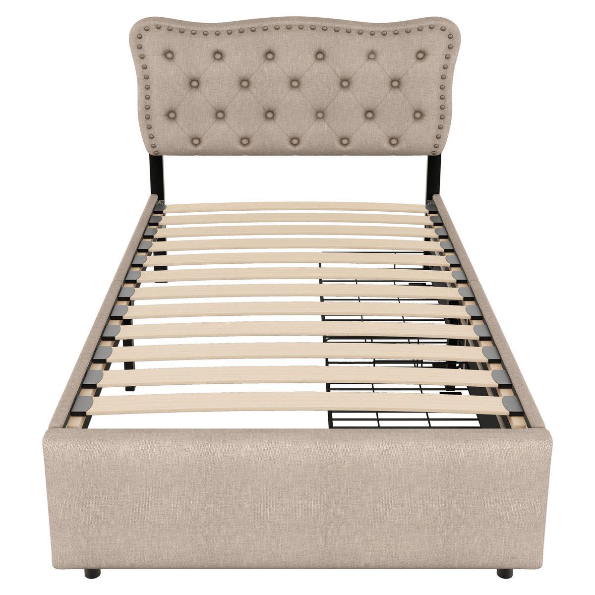 POLSTERBETT 90/200 cm dunkelbeige mit Schubladen und dekorativen Nieten - Beige, Textil (90/200cm) - OKWISH