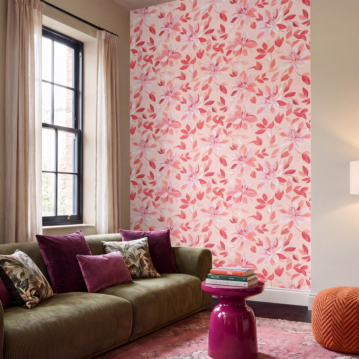 TAPETE - Botanisch - Blumen - Rot - 160x280 cm - Koralle, Papier (160/280cm) - OnlyWow