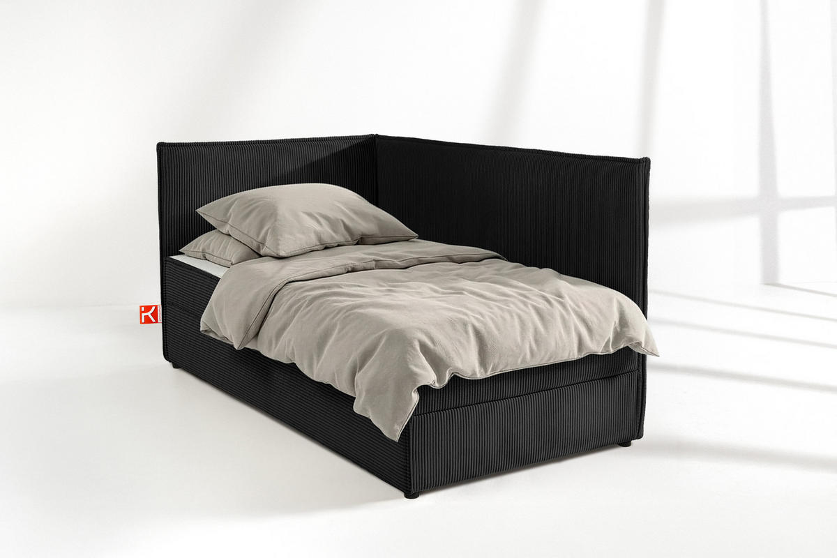 JUGENDBETT ROTI Einzelbett mit Bettkasten, 90x200cm, Bett mit Bonellmatratze, mit Rückenlehne - Schwarz, Holz/Holzwerkstoff (92/200cm) - KONSIMO®